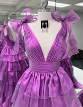 Wholesale Dark Purple Princess A-Line Deep V-Neck Long Tiered Semi Formal Prom Party Dress Semi Formal Prom Clothing